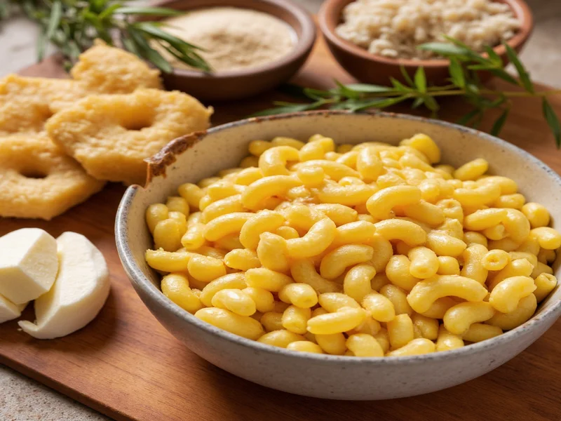 Homemade mac and cheese ingredients on wooden table