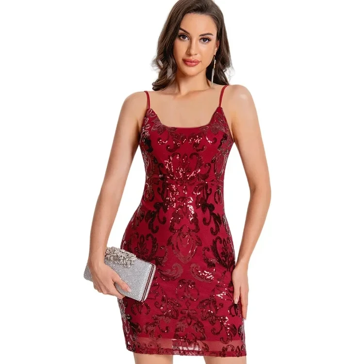 Square Neck Backless Sequin Mini Dress