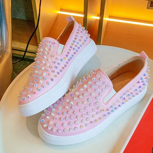 

Pink Women Spikes Loafers Flat Rivets Slip on Shoes Women's causal Flats
