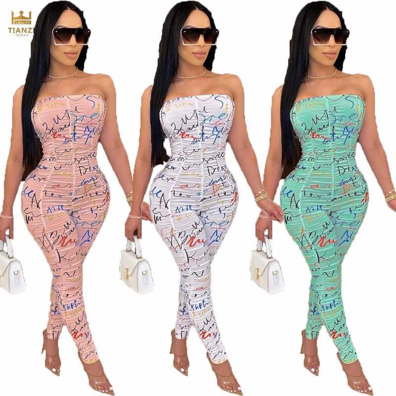 

O4107 - women trending strapless print bandage jumpsuit