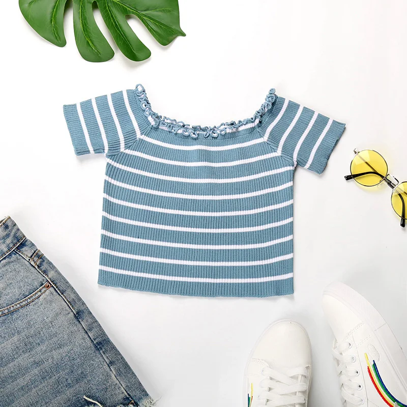 

Summer tops short sleeve blue white stripe printing t shirt plus size women plain tshirt