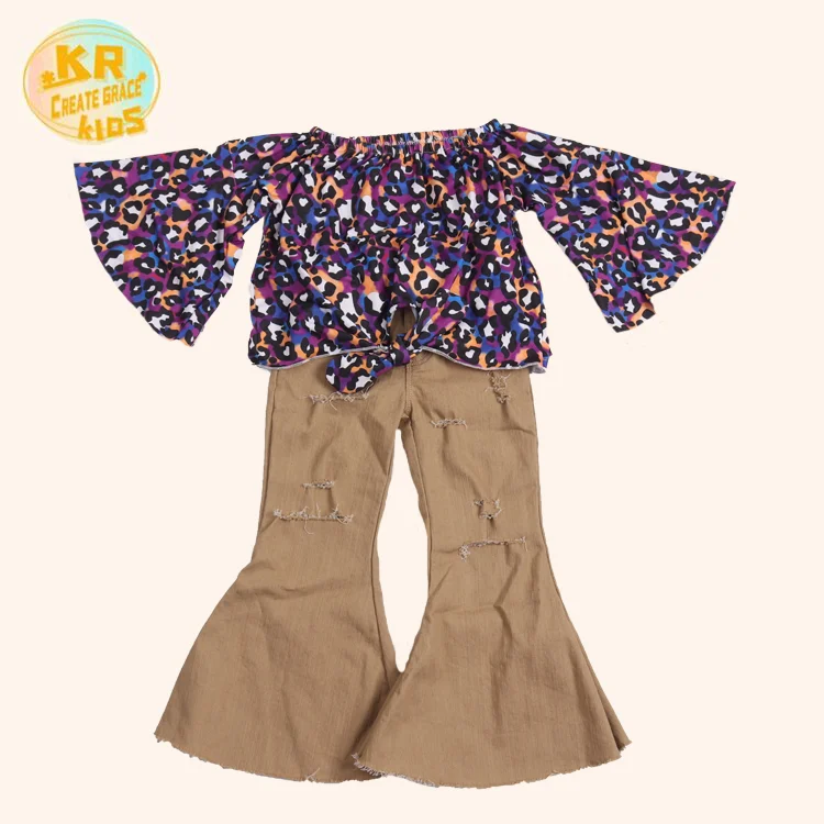 

Leopard Baby T Shirt Printing Denim Fabric Big Horn Pants Back To School Girls Clothes