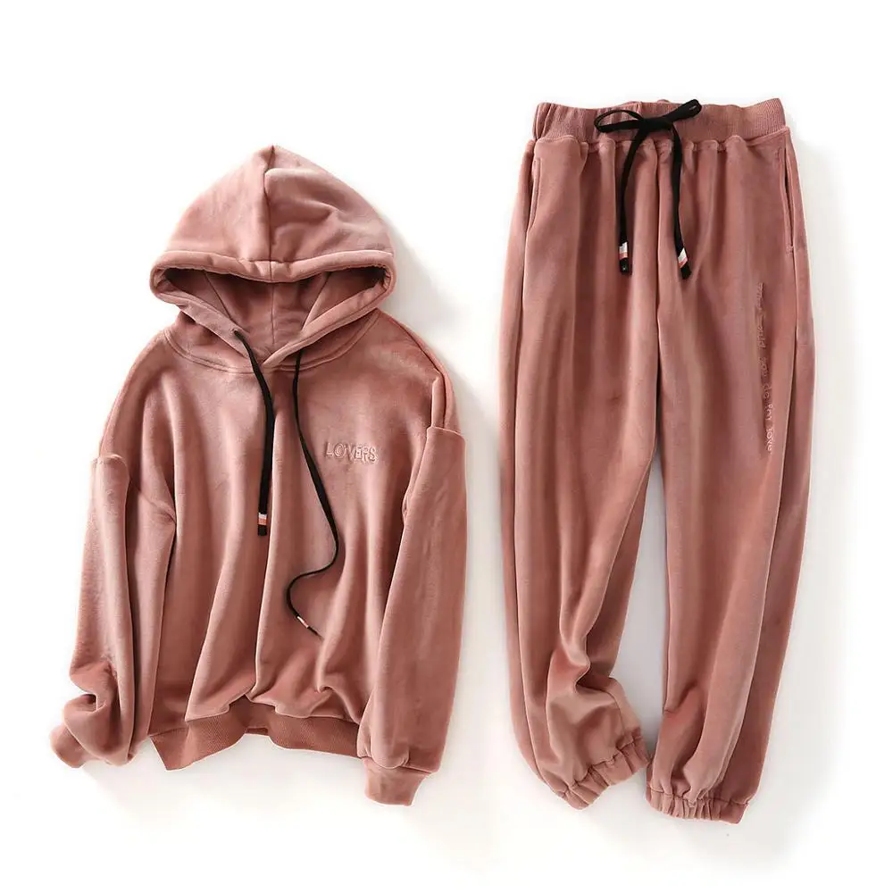 

Wholesale Thick 2 Piece Set Plus Size Lady Velour Tracksuit Custom Made Winter Women Hooded Velvet Suit, Custom color