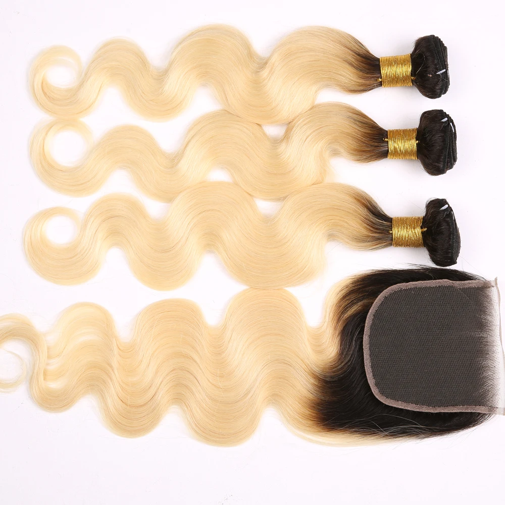 

Mink Brazilian Body Wave 1B 613 Blonde Ombre Color Virgin Human Hair Bundles With Closure