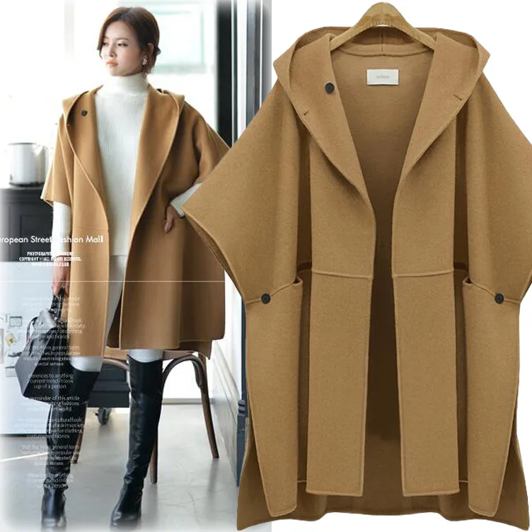 

Wholesale AliExpress Hot Selling Bat Sleeve Women Cape Coat Oversized Fleece Hoodie Plus Size Loose Cape Coat Women Woolen Coat