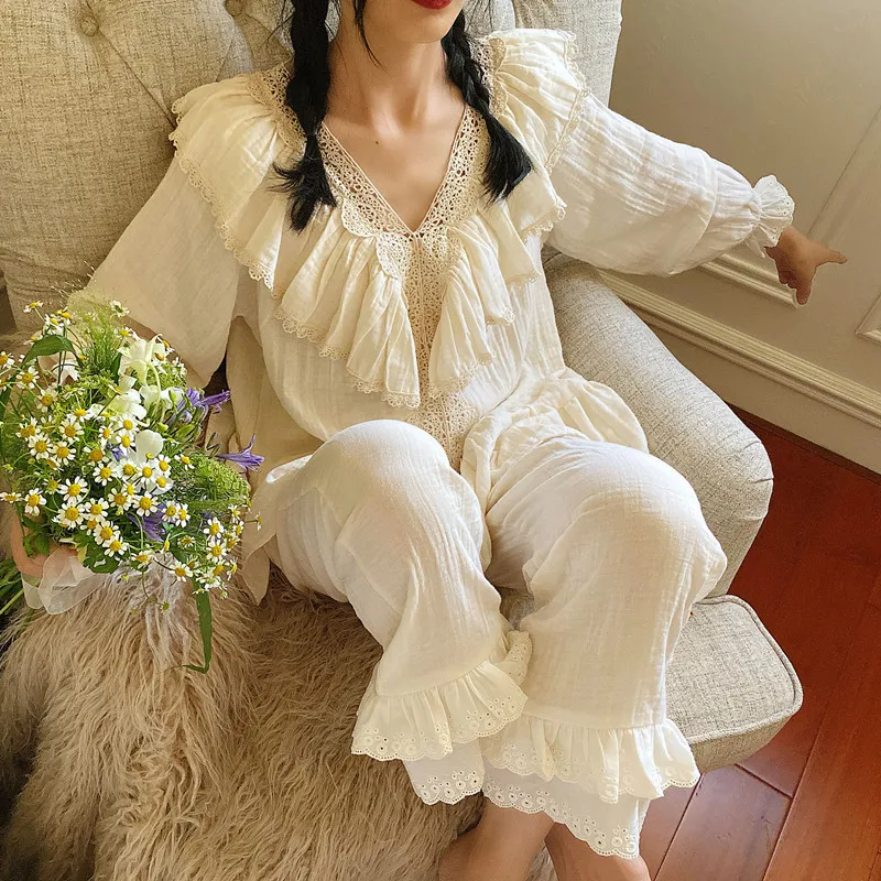 

2021 Spring New Long-sleeved Pure Cotton Princess Sweet Home Service Suit V-neck Lace Loose And Comfortable Women's Pajamas, Shown