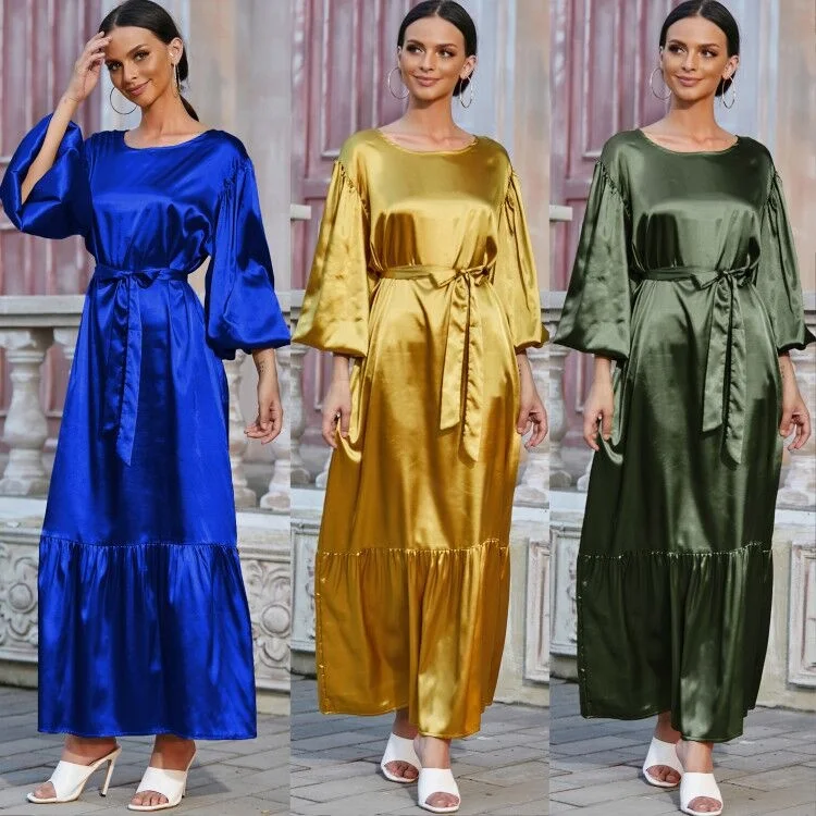 

2021 Summer lady satin maxi dress Muslim women modest clothing party evening dress luxury Abaya, Black, yellow, army green, blue