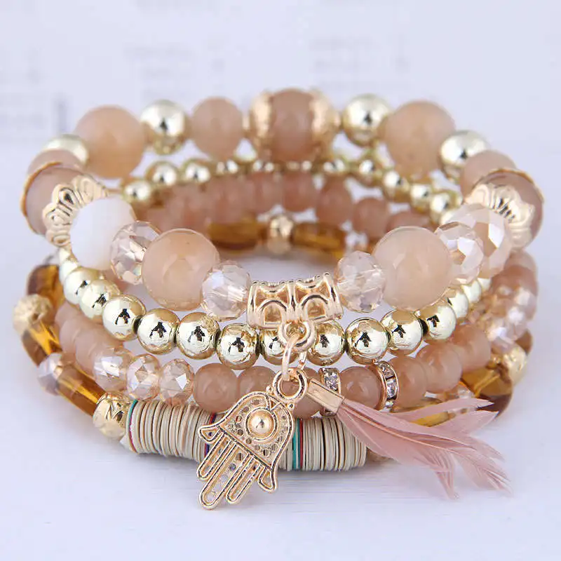 

BW-3006 4 Piece Set Bohemian Feather Hand Charm Beads Bracelets Set, 5 colors