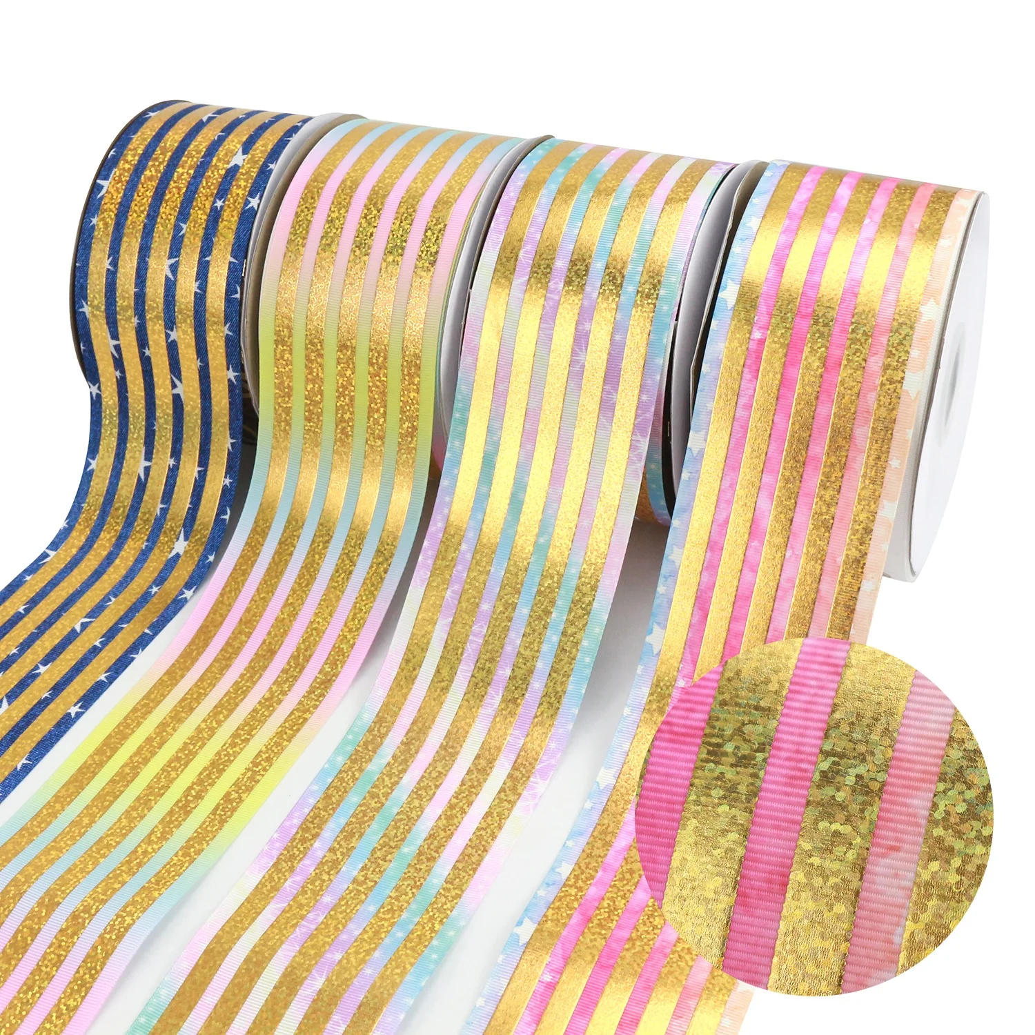 

Midi Ribbons New Arrival 3" Hair Accessories Gold Hologram Stripe Grosgrain Ribbon Roll Listones Para Monos