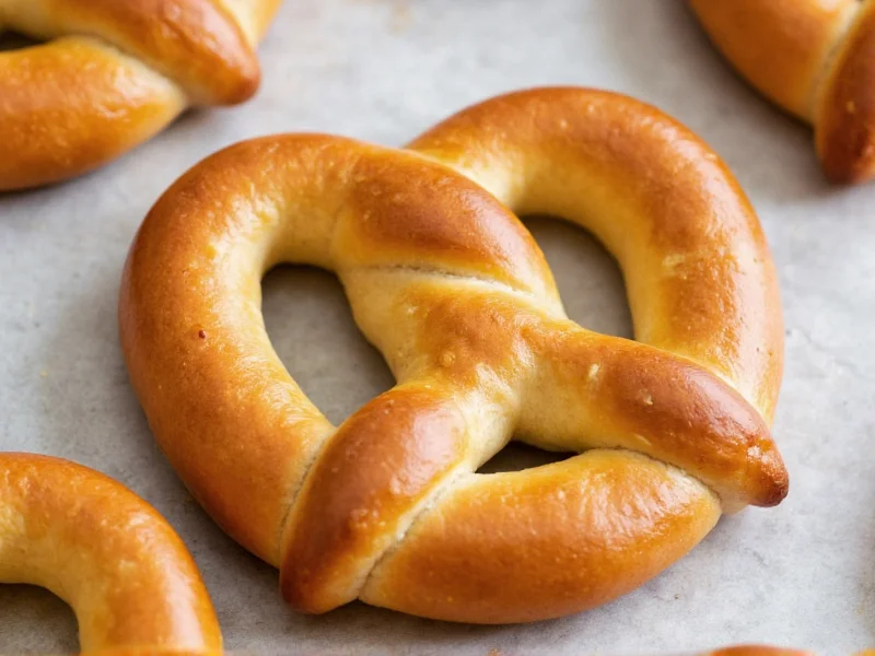 Homemade soft pretzel golden brown on baking sheet