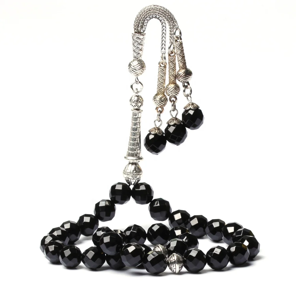 

High Quality Natural Black Agate Stone Face Beads Allah Rosary Subha Prayer Beads Tasbeeh Islamic Masbaha