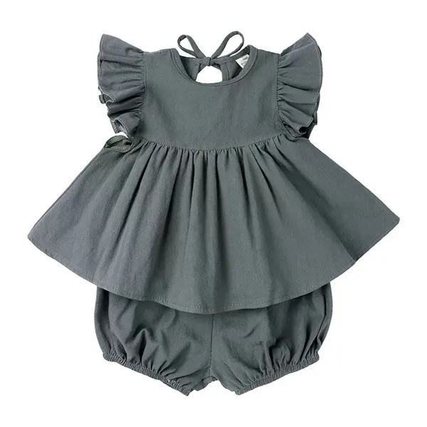 

KTFS Australia Baby Kids Clothing Sets Ruffles Fly Sleeve Blouses Dress Plain Linen Cotton Baby Girls Linen Outfits, Picture shows