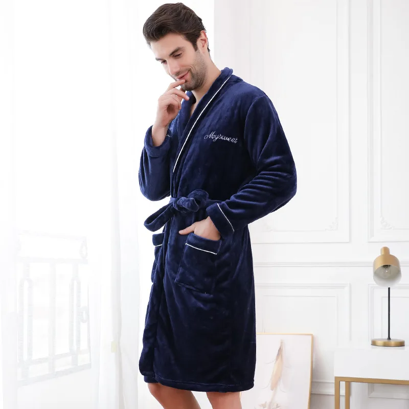 

Factory spot wholesale Long Thick Coral Fleece Flannel men's robe Winter Warm Bathrobe Velvet Bath Robe for women, Photo color