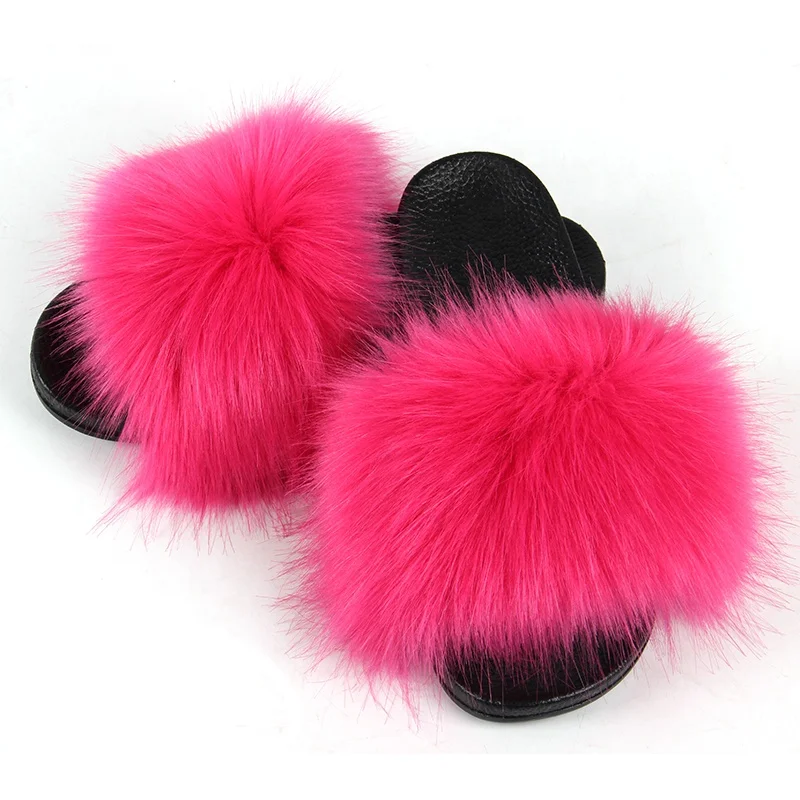 

High Quality Fluffy Big Furry Faux Fox Fur Slippers Slides For Woman Summer Home Shoes Sandals Fake Fur Flip Flips Slippers, Black, red, gray, multicolor, ect