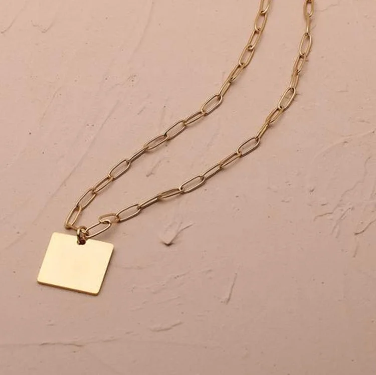 

Trendy Minimalist Necklace Personalized Stainless Steel 18K Gold Plated Engravable Square Pendant Necklace for Women, Gold color