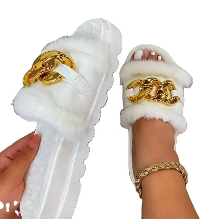 

2021 New style chain metal flat thick bottom round faux fur slides slippers