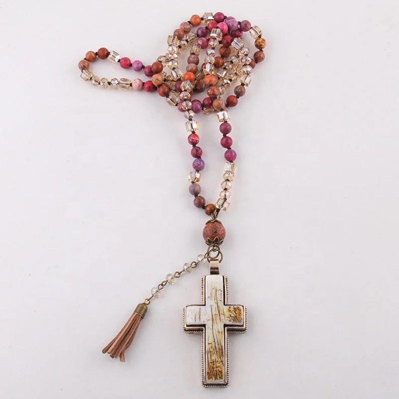 

Women Bohemian Jewelry Accessory 6mm Multi Natural Stones /Glass Crystal Knotted Beige Tassel Gemstone Cross Necklace