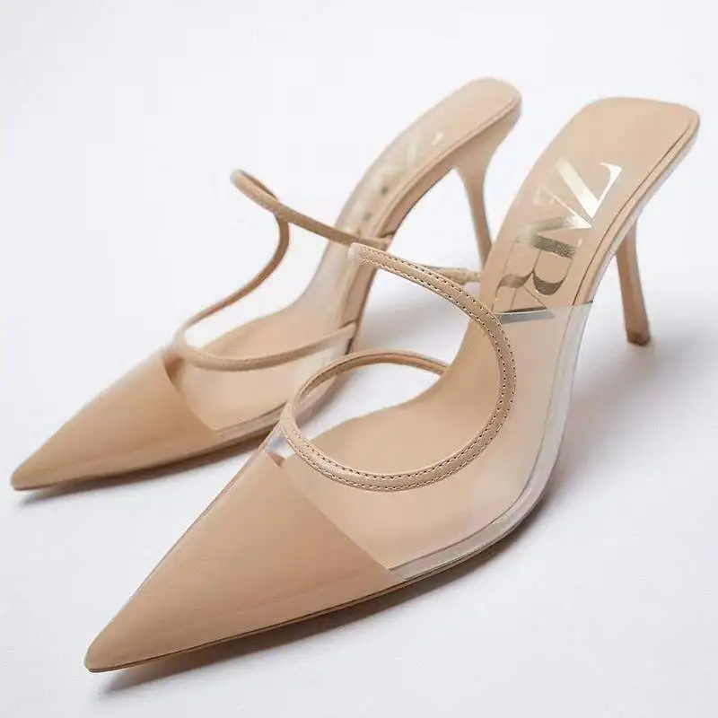 

Women's high heels summer new TPU transparent splicing pointed hollow party shoes, Apricot