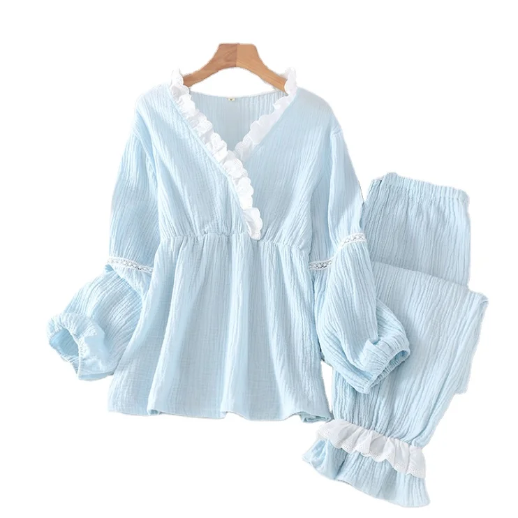 

Autumn Lace Elegant Pure Color Cotton 2021 Pajamas Women Cotton Sweet Palace Style Pajamas Set Home Clothes, Pink,light blue,white