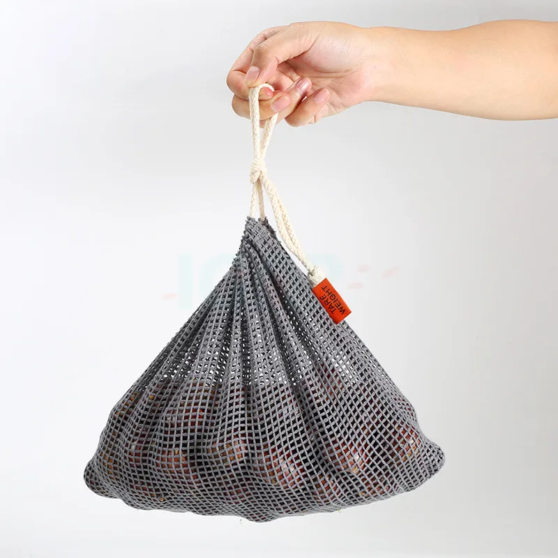 Gray color recycle fruit and vegetable bag reusable organic cotton mesh bags for fruits and vegetables 