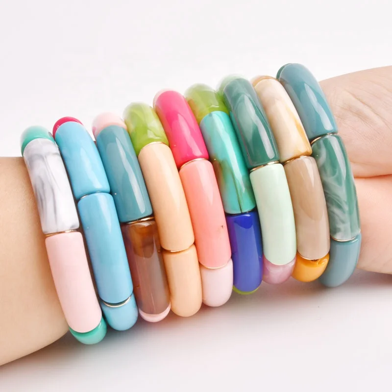

2021 New Fashion Hot Sale Colorful Acrylic Lucite Curved Tube Beads Bracelets Big Bamboo Bead Bracelets, Customized color