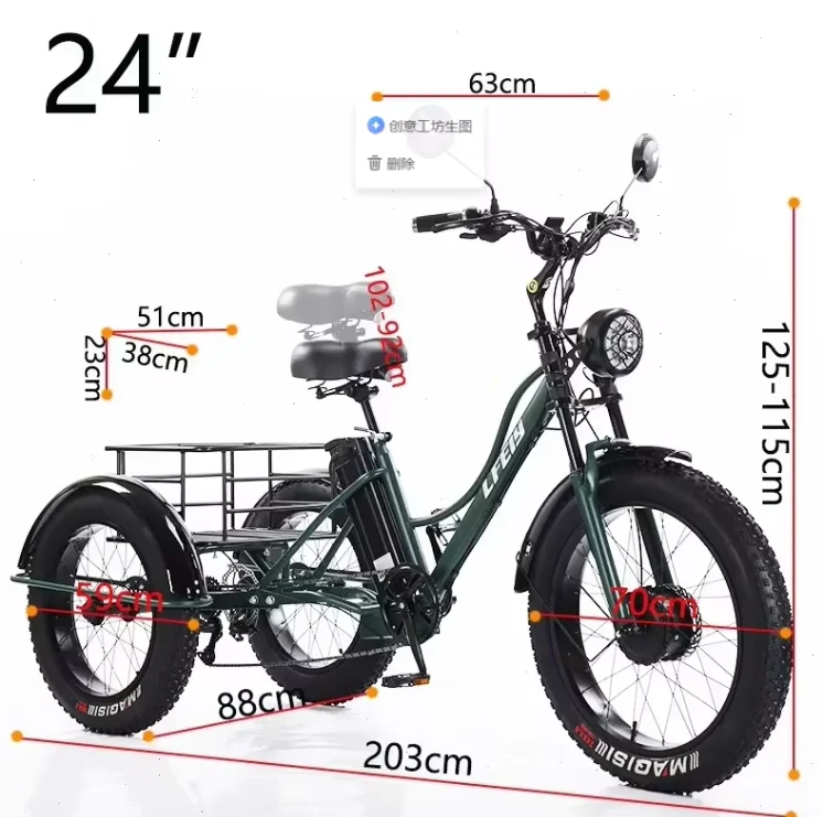 New 3-Wheel Electric Tricycle Cargo Bike for Elderly Adults 2Seat 750W Front Hub Motor Lithium Battery 7-Speed Fat Tire US Stock