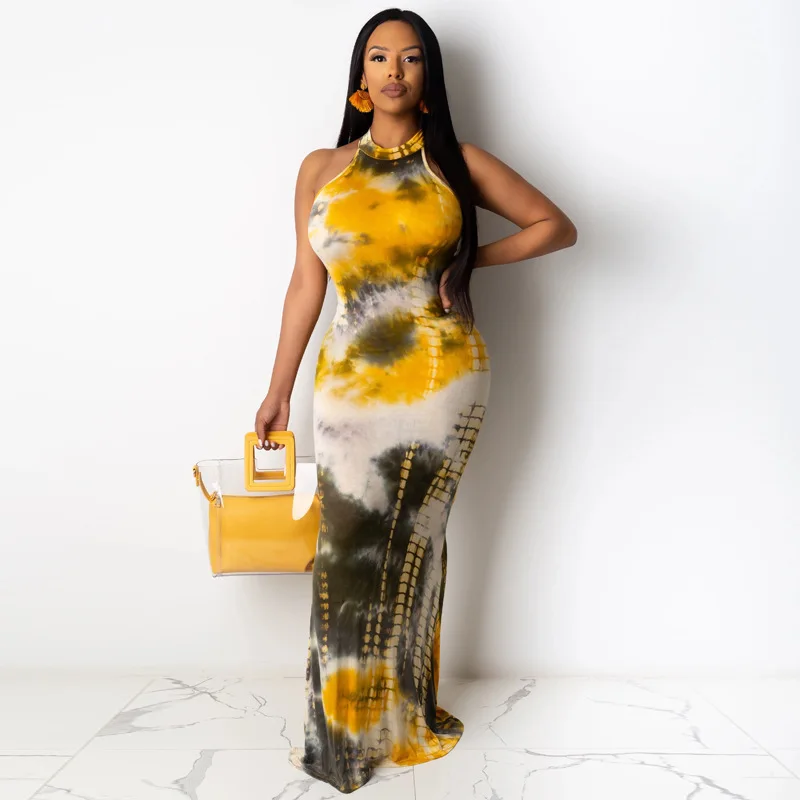 

2021 new arrivals summer collection halter neck women sleeveless long tie dye casual dresses