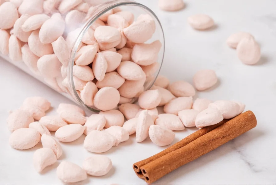 Various brands of cinnamon mints arranged on wooden table