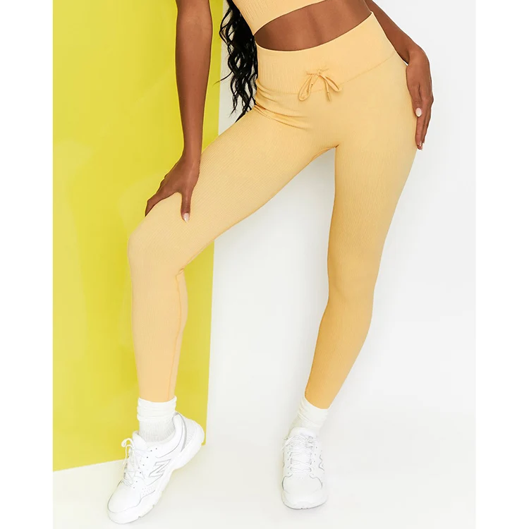 

2021 High Waist Lace Up Seamless Knitted Tights Sports Fitness Yoga Leggings Pants