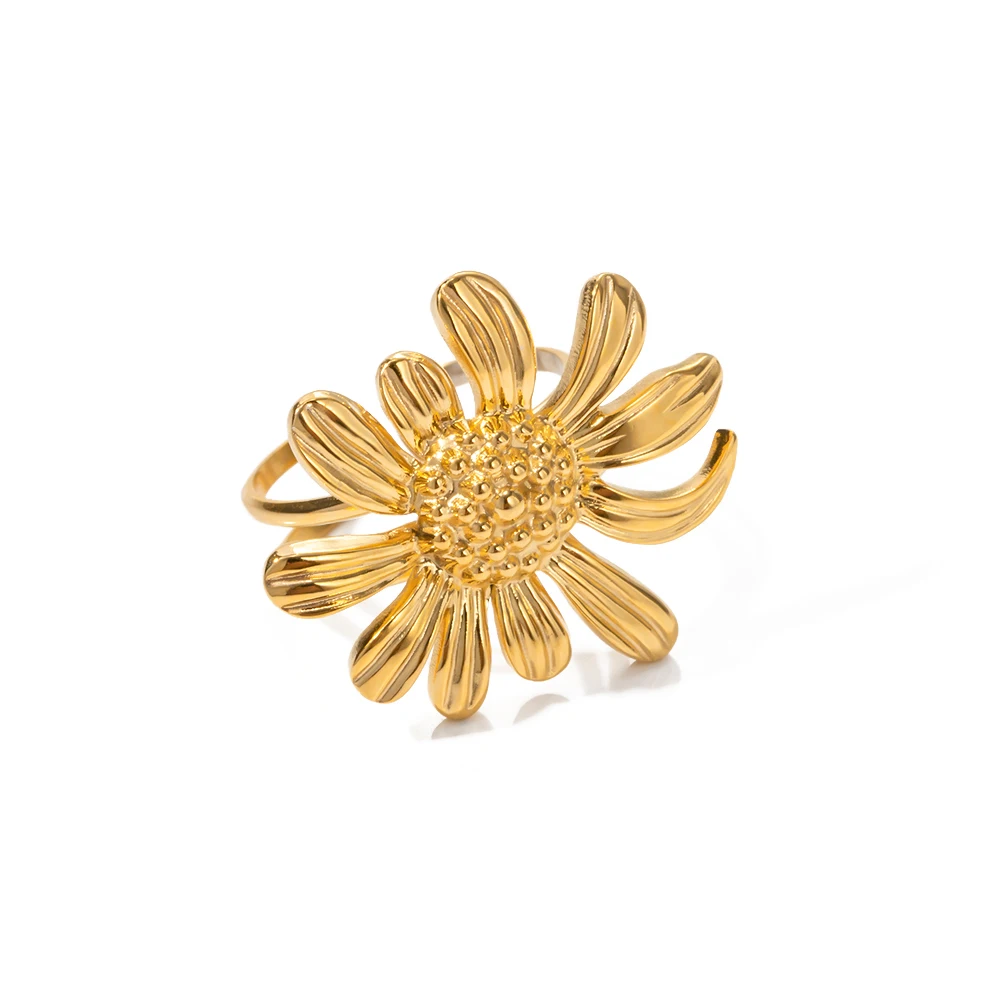 

French Minimalist Chic Jewelry Waterproof 18K Gold Plated Sunflower Opening Ring Stainless Steel Finger Ring