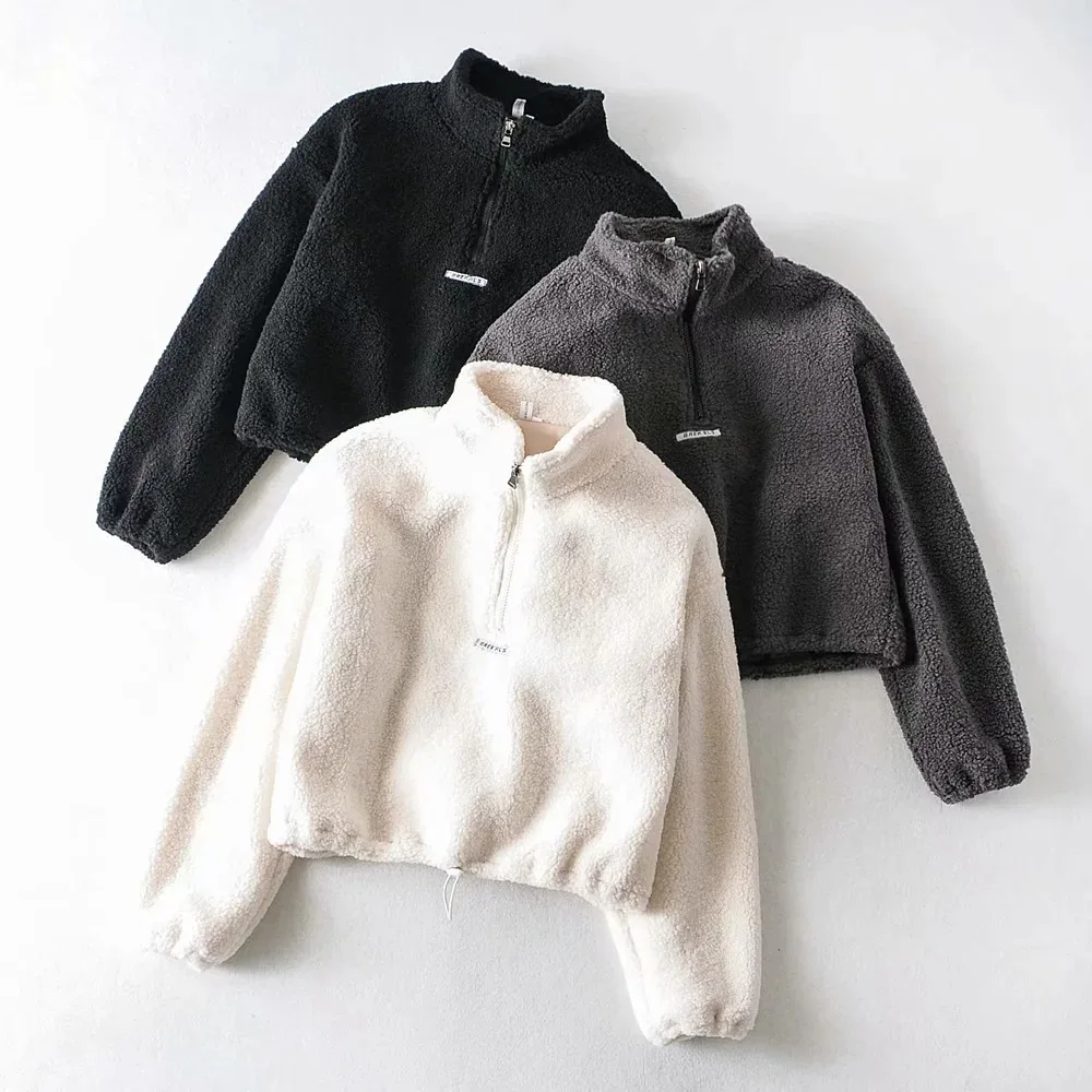

autumn winter high quality Teddy lamb wool hoodie for women puffsleeve pullover oversized thick crop top hoodie