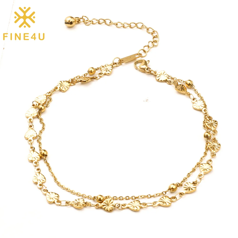 

Minimalist Cute Fashion Jewelry Double Layer 18K Gold Plated Embossed Heart Stainless Steel Women Anklets