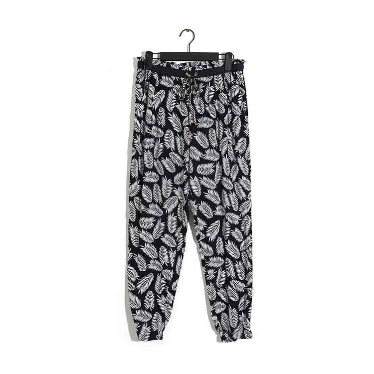 
Latest design custom print rayon elastic waist streetwear loose harem pants wholesale for adult women 