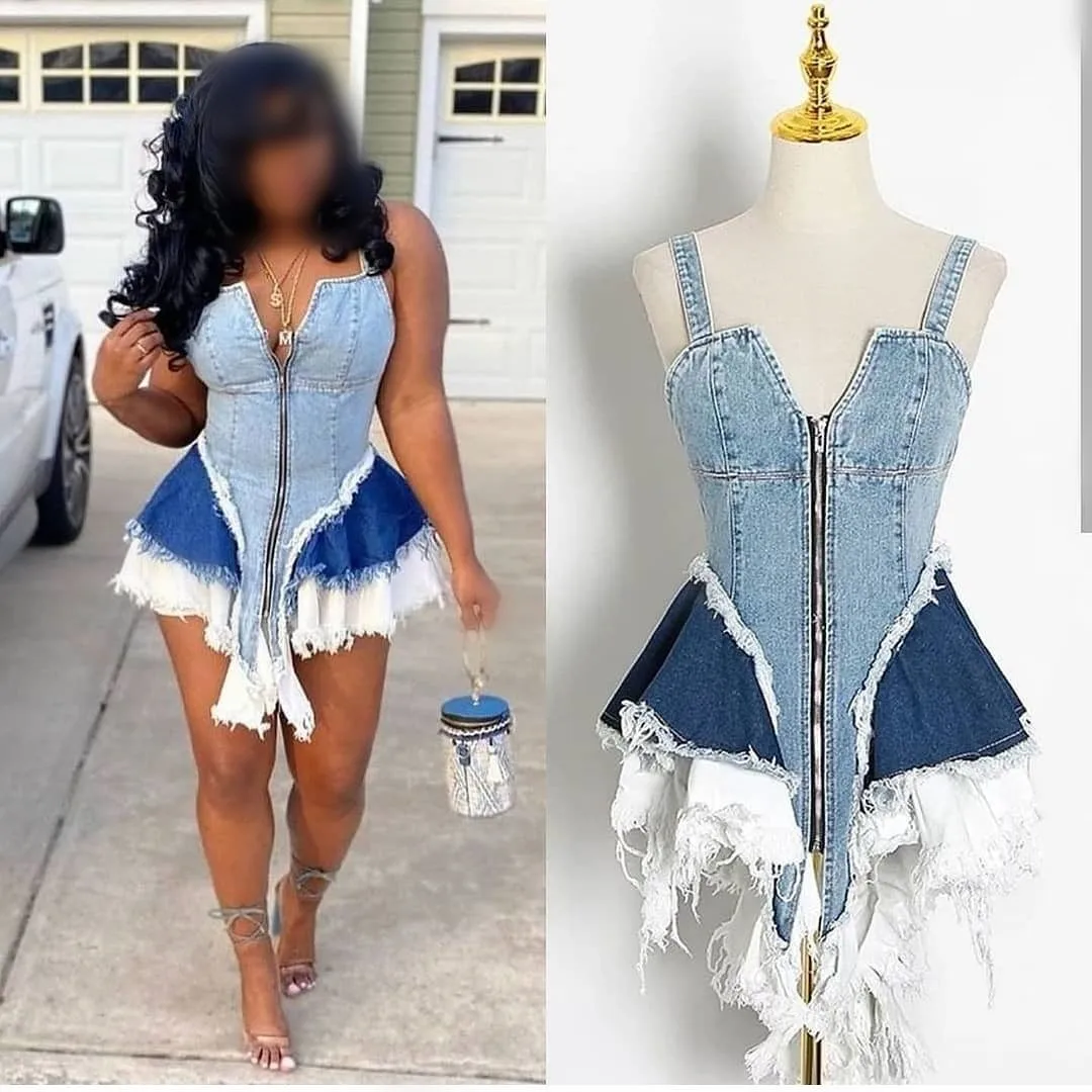 

New Arrivals Luxury Casual Sexy Sleeveless Jumpsuit One Piece Jean Skirts 2Xl Plus Size Vest Denim Dress Women'S Skirts, 2color