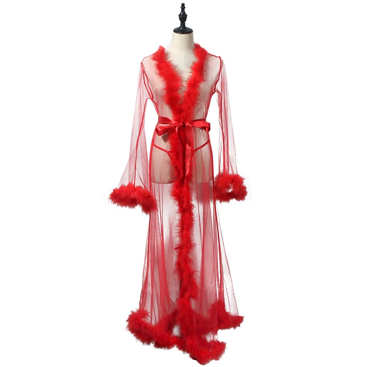 

Handmade See Through Sexy Robe set Long Mature Sheer Elegant Mesh Sexy Plus Size Fur Robes Women