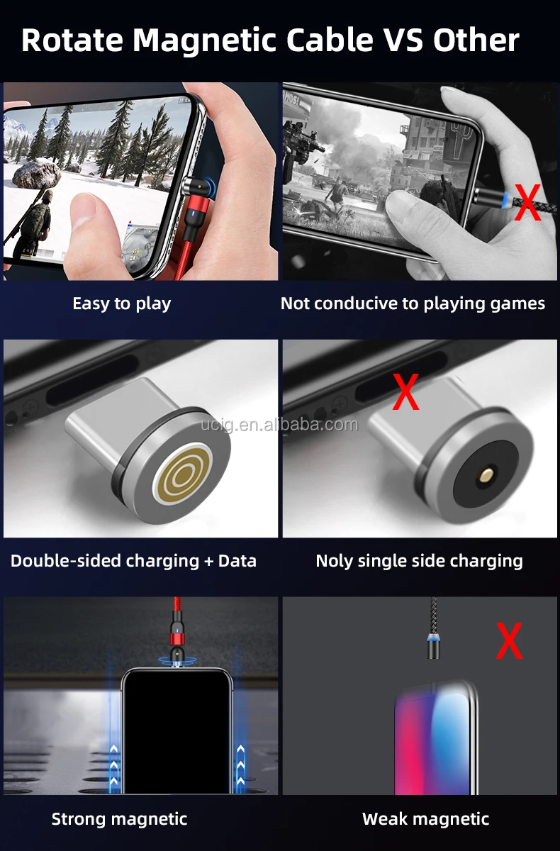 2020 newest magnetic charging cable 540 degree rotation micro usb cable cell phone led charging cable for android USB C / ios