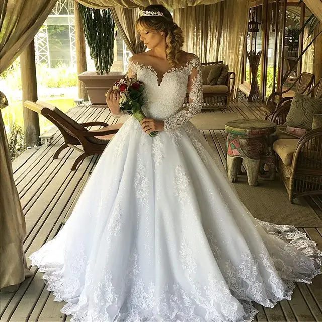 

FA160 Long Sleeve Wedding Dresses A Line 2022 Lace Appliques O Neck Pearls Back Bridal Wedding Gowns Plus Size, Default or custom