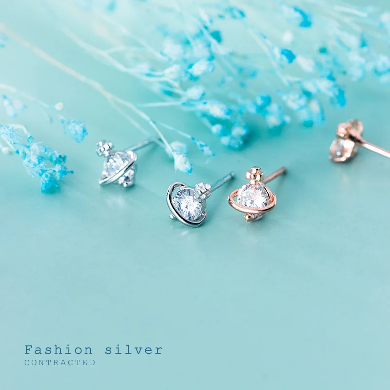 

S925 Silver Earrings Female Korean Fashion Elegant Style Simple Planet Love Small Planet Diamond Trend Earrings Wholesale