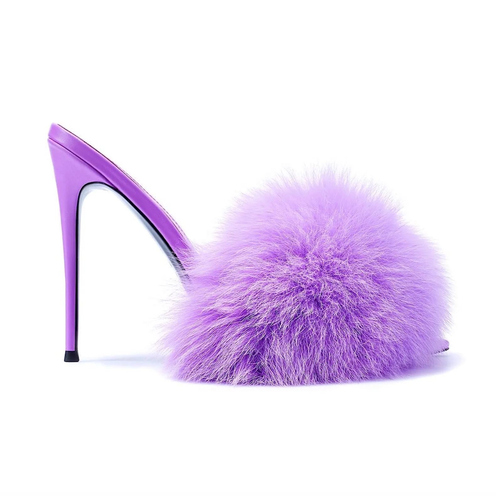

Anmairon Custom Design Wholesale Price Pointed Toe Spike Heel Faux Mink Fur Women Summer Heeled Mules, Purple/hot pink