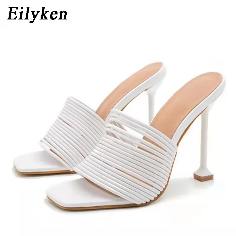 

2021 Luxury Design Mules Women High Heels Fetish Sandals Heels Mules Open Toe Slippers Prom Party Wedding Shoes, Black;white