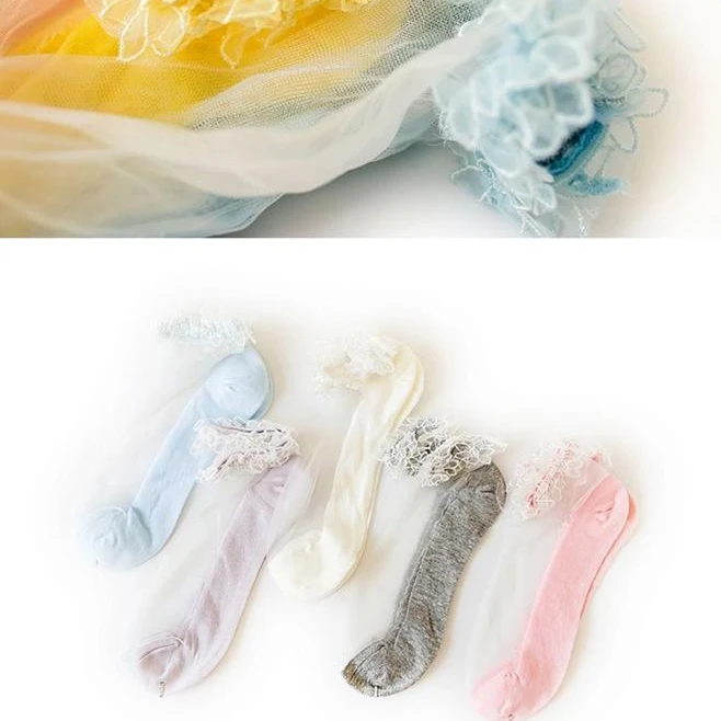 

Bulk Good Quality Bright Color With Flower Flouncing Top Transparent Sheer Ankle Socks Women, Custom color