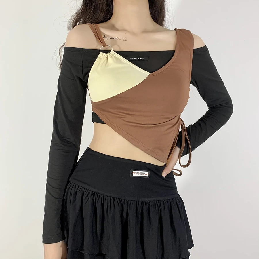 

Nibber K21S01009 Patchwork Camisole And T shirt Two Piece Set Womens Color Blocking Asymmetric Tops Factory Wholesale Customized