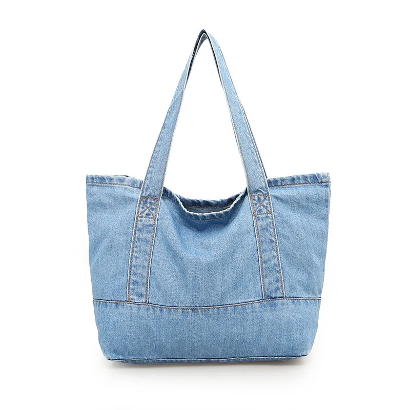

wholesale oversized shoulder shopping bag open beach bag cotton cloth jean denim tote bag, Dark blue, black, navy blue, light blue