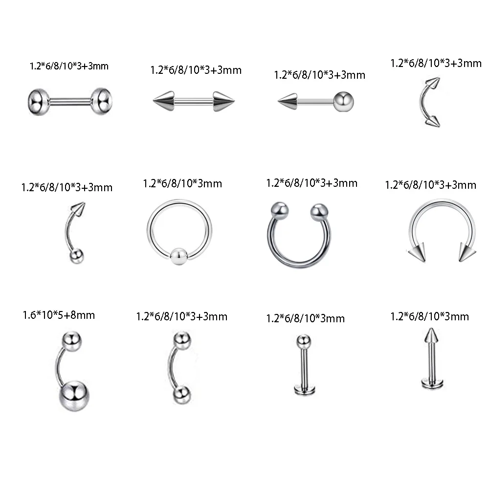 

2021 Body Jewelry Piercing Lot Stainless Steel Nose Horseshoe Lip Tongue Eyebrow Tragus Body Piercing 60 pcs