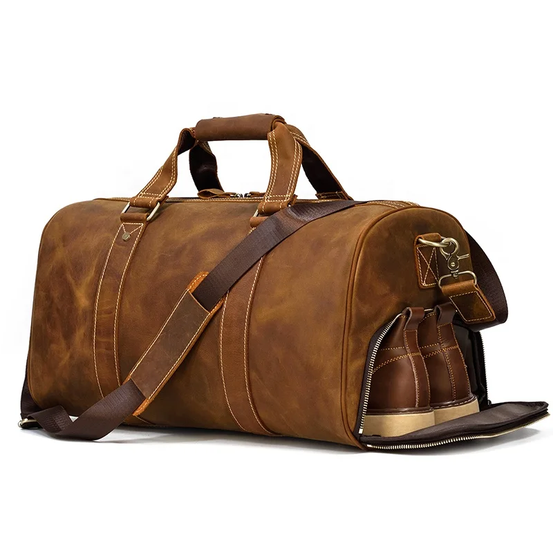 

Retro Brown 18 Inch Travel Bag Men Crazy Horse Leather Duffle Bag With Shoe Compartment