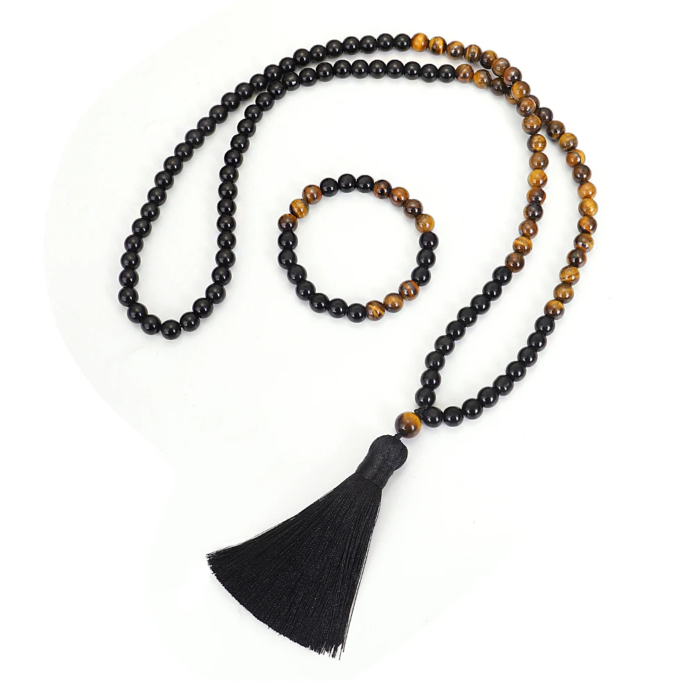 

8mm Natural Stone Beads Black Onyx Tigers Eye Protective,JapaMala Sets,Spiritual Jewelry,Meditation,Inspirational,108 Mala Beads, Show picture
