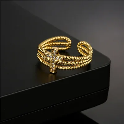 

Newest Trendy Gold Plated Layered Crystal Cross Open Rings Twisted Chain Zircon CZ Cross Rings For Women Men