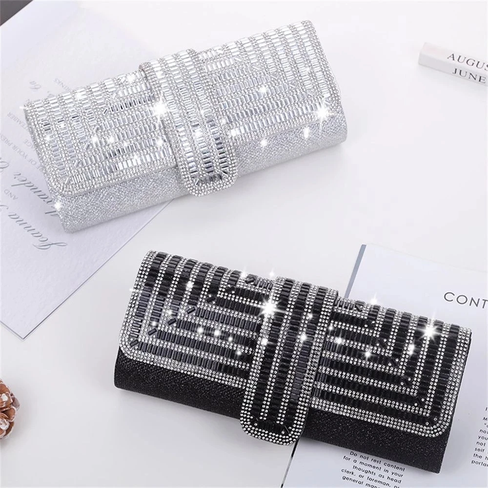 

Women Evening Clutch Bag Diamond Sequin Wedding Clutch Purse Handbag Party Banquet Black Gold Silver Two Chain Shoulder Bag