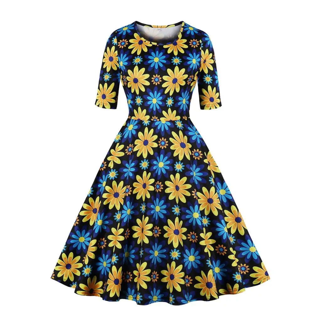 

Elegant five point sleeves round neck retro floral print casual women vestidos mujer dresses