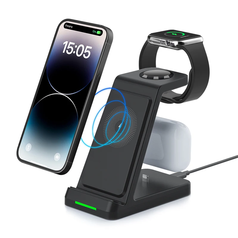 

New trending products 2023 15W fast vertical phone stand holder 3 in 1 charging dock station wireless charger for iPhone Samsung